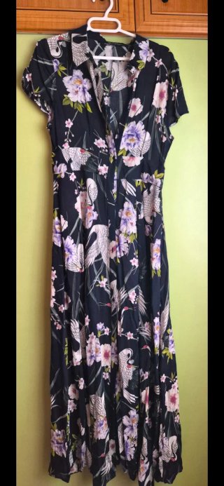 Vestido Largo Estampado Flores y Grullas