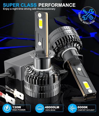 H1 Bombillas LED Auto 130W 48000LM 6000K Luces Blancas 600%