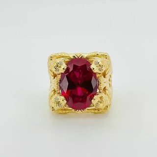 SELLO 4 PANTERAS CON PIEDRA OVALADA ROJA. Oro18K.