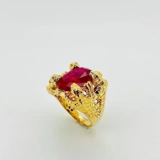 SELLO 4 PANTERAS CON PIEDRA OVALADA ROJA. Oro18K.