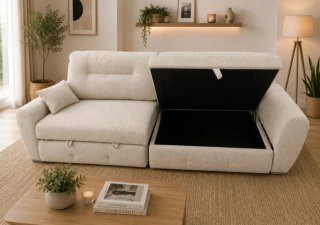 Sofá cama beige con arcón