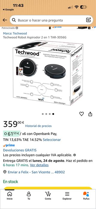 Aspirador Robot Techwood TAR-3056G WiFi