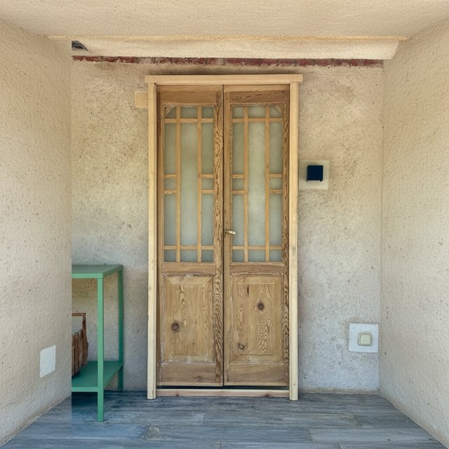 Puerta antigua de pino con cristalera