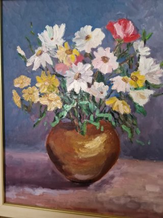 Pintura al óleo de flores con marco