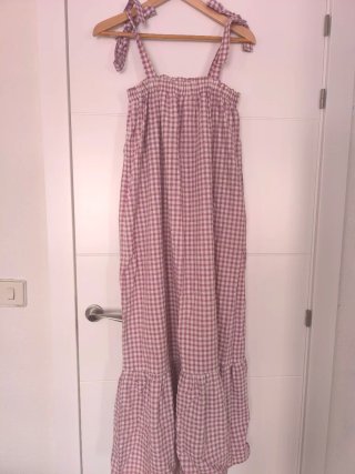 Vestido largo cuadros Vichy rosa y blanco