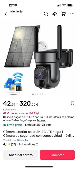 Cámara seguridad vigilancia exterior solar 2K 4G L