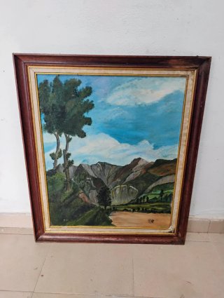 Cuadro antiguo paisaje madera