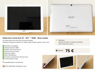 Tablet Acer Iconia One 10 16GB Plata/Blanco