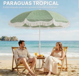 Sombrilla de playa verde con flecos
