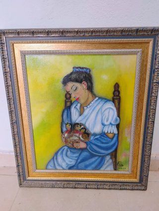 Cuadro antiguo mujer con pájaros