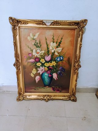 Cuadro antiguo flores marco dorado