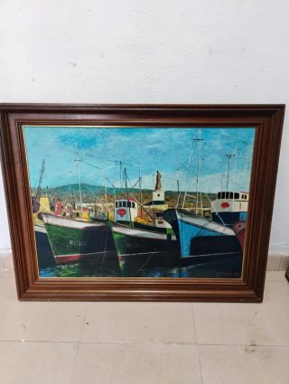 Cuadro antiguo de barcos en puerto