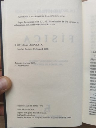Libro Física de Aristóteles Clásica Gredos
