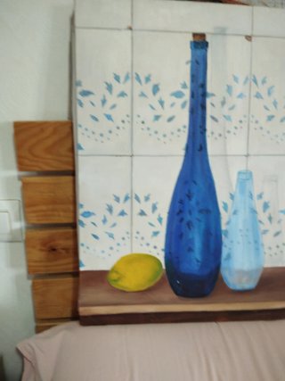 Cuadro al óleo 38x55cm Botellas y Limón