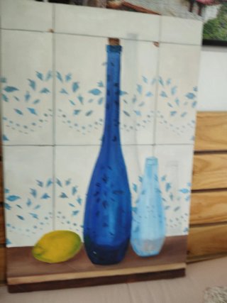 Cuadro al óleo 38x55cm Botellas y Limón