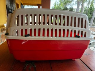 Transportín para mascotas beige y rojo