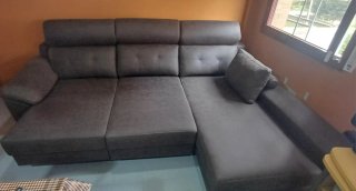 Sofá marrón tela, extensible con alcón en cheslong
