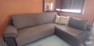 Sofá marrón tela, extensible con alcón en cheslong
