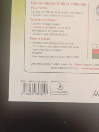 Libro de francés J'aime A1 ,Anaya.