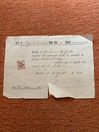 Recibo alquiler año 1913 Madrid