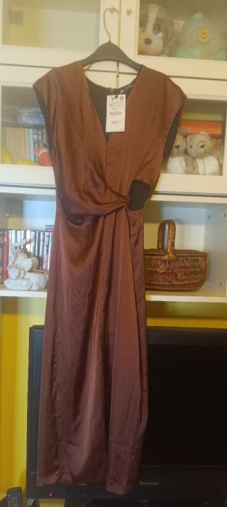 Vestido largo fiesta Zara marrón XS satinado