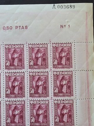Pliego completo de 100 sellos Tánger de 50 c. 1927