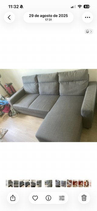 Sofá chaise longue 3 plazas tela gris
