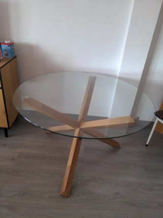Mesa redonda cristal y madera maciza