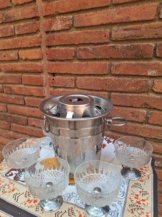 Juego copas cristal y cubitera metal