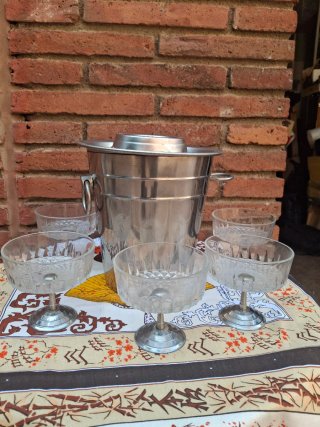 Juego copas cristal y cubitera metal