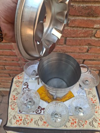 Juego copas cristal y cubitera metal