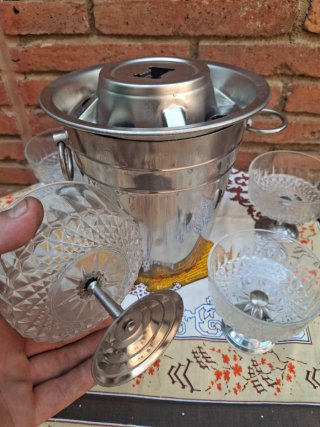 Juego copas cristal y cubitera metal