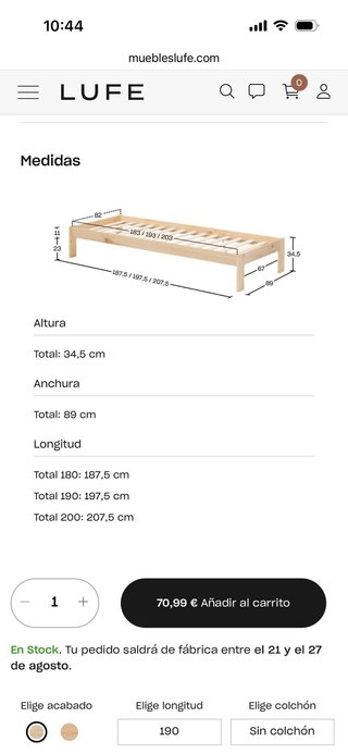 Cama individual madera “Lufe” 180x89