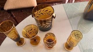 Gran Set de Bar Vintage en Vidrio Ámbar y Oro