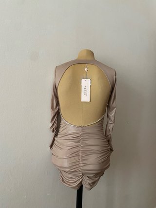 Vestido Beige Ruched Cut-Out Manga Larga