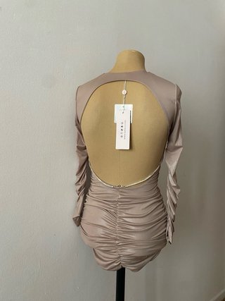 Vestido Beige Ruched Cut-Out Manga Larga