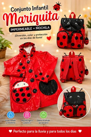 Chubasquero y mochila infantil Mariquita