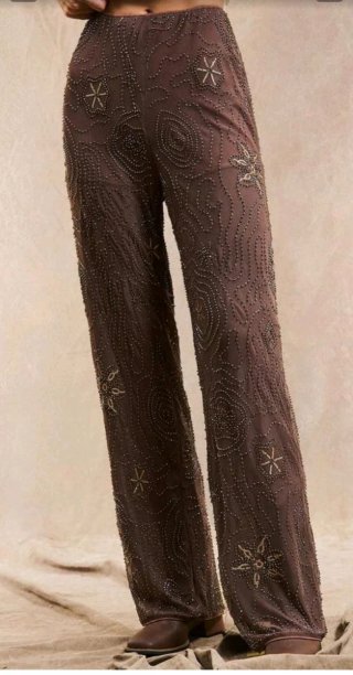 Pantalón gasa marrón pedrería