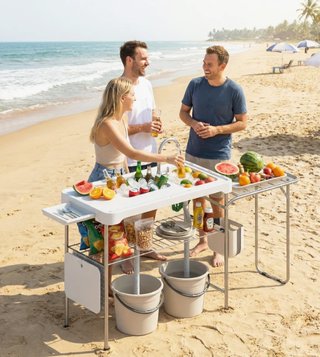 Mesa Camping Plegable con 2 Fregaderos