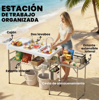 Mesa Camping Plegable con 2 Fregaderos