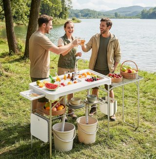 Mesa Camping Plegable con 2 Fregaderos