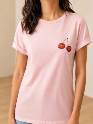 Camiseta rosa con estampado de cerezas