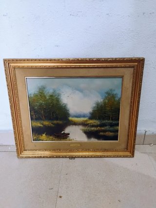 Cuadro antiguo paisaje río y barca