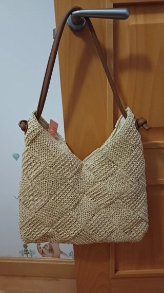 Bolso de rafia beige con asas marrones – Nuevo