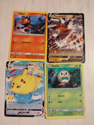 Lote 4 Cartas Pokémon Litten,Lycanroc, Pikachu,etc