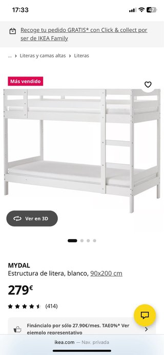 Litera MYDAL Blanca 90x200 cm