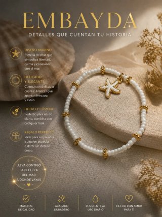 Pulsera blanca con abalorios dorados y estrella