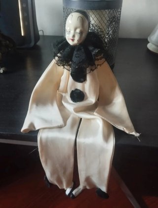 Statuina Pierrot Vintage anni 70 Porcellana/Tessut