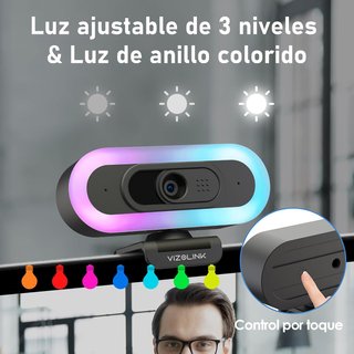 Webcam 4K con LED táctil, micrófono IA y trípode