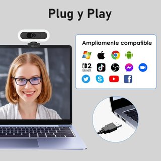 Webcam 4K con LED táctil, micrófono IA y trípode